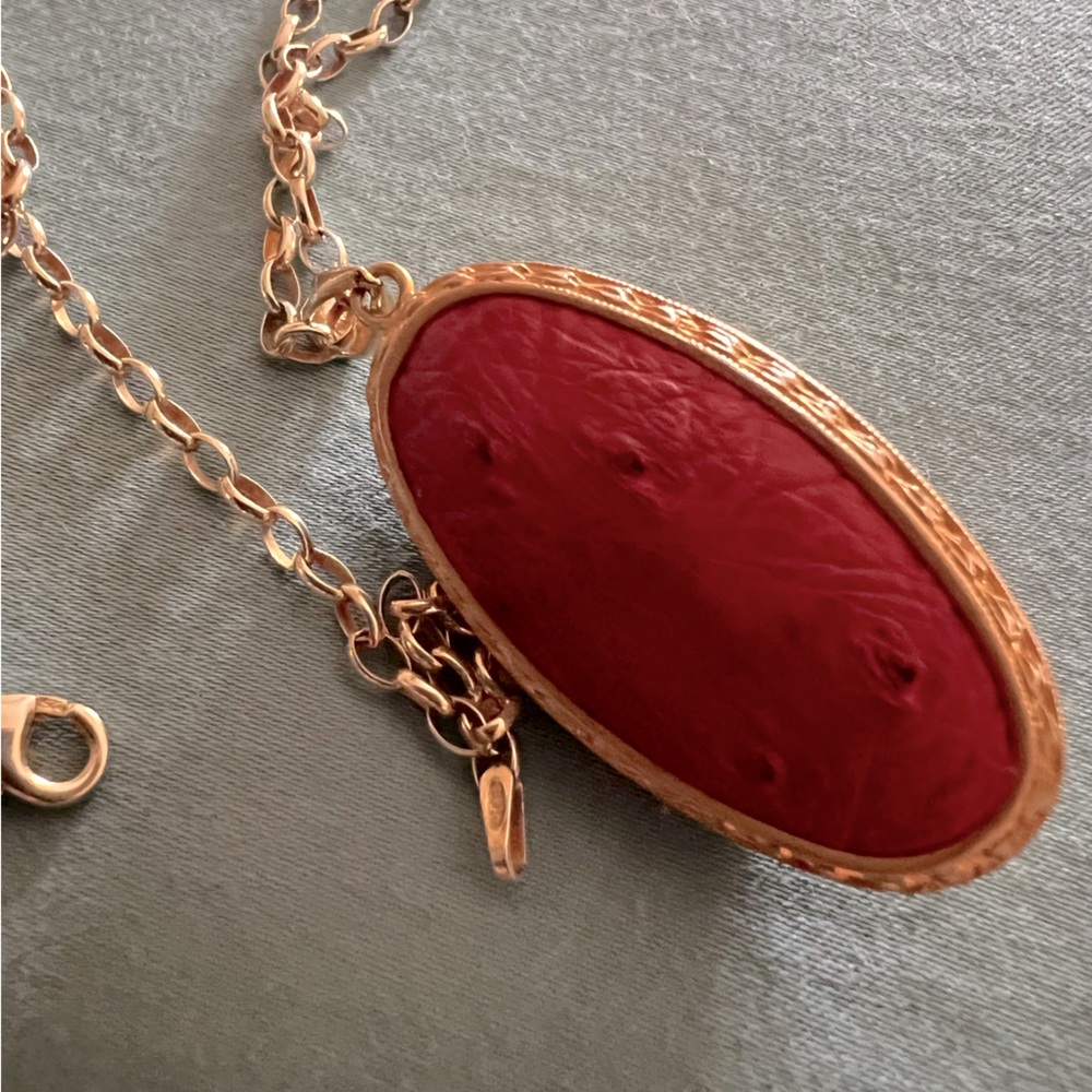 Beautiful Turkish pendant with red genuine ostrich skin, silver and gold plated